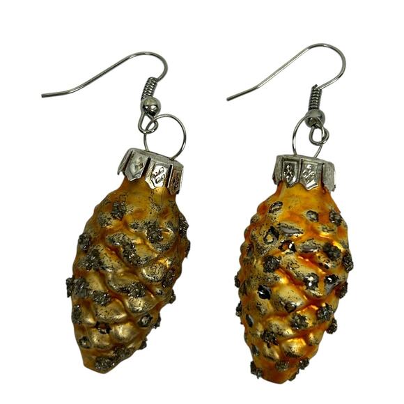 Vintage 70s Italian Glass Pinecone Glitter Ornament Earrings - Picture 1 of 2